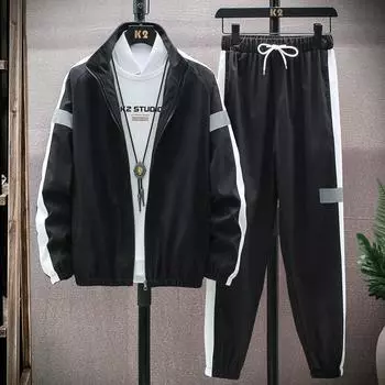 Плюс размер 6XL, модная повседневная корейская куртка с капюшоном, брюки + мужской повседневный спортивный костюм с длинными рукавами