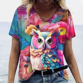 Плюс размер 6XL женская футболка с коротким рукавом и V-образным вырезом свободная летняя женская одежда футболки с изображением животных и сов свободный свитер женская одежда 7XL