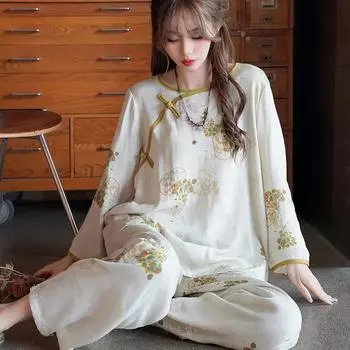 Плюс размер 7XL китайский стиль ультратонкая пряжка диск ханьфу пижама женская весенний домашний костюм 7XL