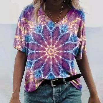 Плюс размер 7XL летняя футболка свободного покроя женская футболка с коротким рукавом женская свободная одежда 3D ретро-принт женские топы топы с V-образным вырезом пуловер 7XL
