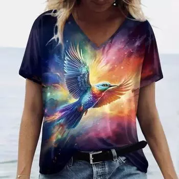 Плюс размер 7XL Женская футболка с V-образным вырезом с 3D-принтом Модный тренд Птица Кошка Собака Животный принт Одежда с короткими рукавами Дышащий верх Футболки Женские 7XL