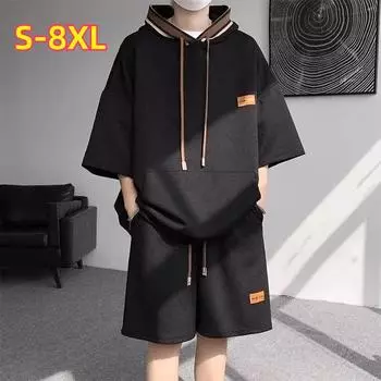 Плюс размер 8XL унисекс летний повседневный свитер с капюшоном костюм шорты с короткими рукавами из двух частей рукава три четверти 8XL белый