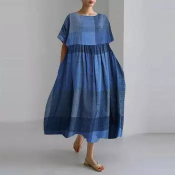 Плюс Размер А-силуэта Клетчатый Принт Длинное Платье Летние Синие Пляжные Платья С Круглым Вырезом Для Женщин Хлопок Льняная Одежда С Коротким Рукавом One Size