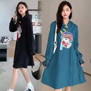 Плюс размер бархатный толстый свитшот женское платье с вышивкой 2XL чёрный