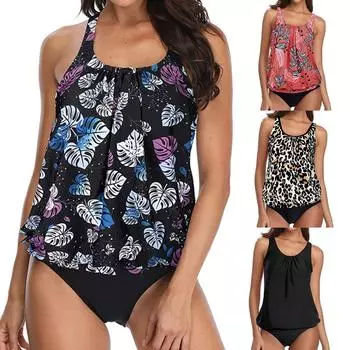 Плюс Размер Бикини Из Двух Частей Купальник Цветочный Принт Перекрестный Ремешок Холтер Танкини Комплект S синий