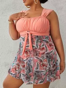 Плюс Размер Бикини Из Двух Частей Купальник Цветочный Принт Перекрестный Ремешок Холтер Танкини Комплект 0XL темно-синий