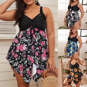 Плюс размер Бикини с асимметричным подолом и цветочным принтом Купальник 0XL чёрный