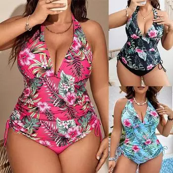 Плюс Размер Бикини Женщины Печати Лоскутная Пляжная Одежда Купальник Мода Из Двух Частей Комплект Бикини Лето Бразилия Push Up Купальник Biquini 0XL розовый