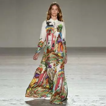 Плюс размер богемное длинное платье весна лето осень женское повседневное платье с отложным воротником и длинным рукавом S разноцветный