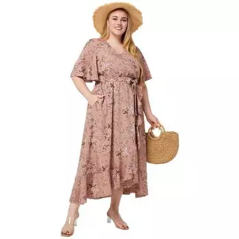 Плюс размер Boho женское летнее платье с цветочным принтом и v-образным вырезом с короткими рукавами для отпуска повседневное платье макси с рюшами по подолу 5XL розовый