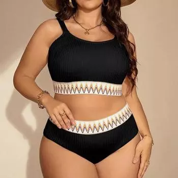 Плюс размер Большой размер Купальники Женский купальник Женский комплект бикини из двух частей с принтом Купальный костюм XL чёрный