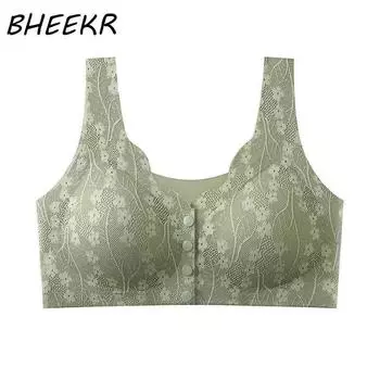 Плюс размер бюстгальтер на пуговицах спереди для женщин ледяной шелк беспроводное нижнее белье среднего возраста с тонкой чашкой нижнее белье кружевной жилет для кормления M