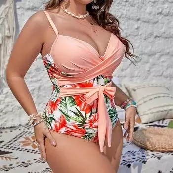 Плюс размер цельный бикини женский Холтер с высокой талией большой купальник праздничный пляжный купальный костюм с открытой спиной и принтом L чёрный