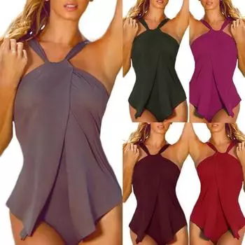 Плюс размер цельный пляжный купальник женский сплошной цвет Холтер Монокини