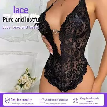 Плюс Размер Crotchless Deep V кружевной комбинезон для нижнего белья XXXL