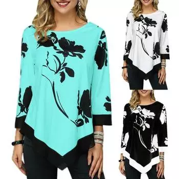 Плюс размер Цветочный принт Девять рукавов с круглым вырезом Женская нерегулярная футболка Топ XXXXL зелёный