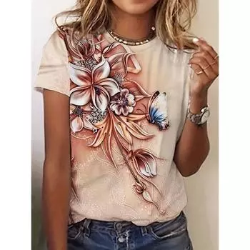 Плюс Размер Девочки Винтаж Футболка Цветочный Принт Женская Футболка Подарок Маме Уличная Свободная Футболка С Коротким Рукавом Топы Летняя Рубашка XXS