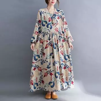 Плюс размер Длинный рукав О-образный вырез Цветочные Винтажные платья весна-осень для женщин Повседневные свободные элегантные офисные женские платья Femme Одежда M