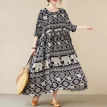 Плюс Размер Длинный Рукав Свободное Длинное Платье Женщин Полосатый Цветочный Животный Принт Женские Платья Оверсайз Плиссированное Женское Платье XL