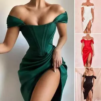 Плюс размер драпированные атласные корсетные платья облегающее вечернее платье для ночного клуба с открытыми плечами элегантное платье с открытой спиной на день рождения XL зелёный