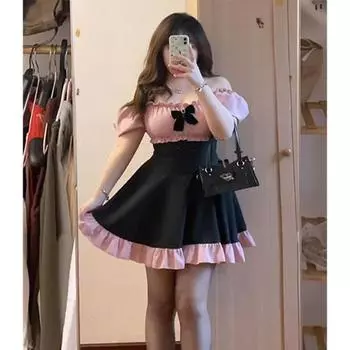 Плюс Размер Французское Летнее Платье для Женщин Розовый Бантик Открытые Плечи Милые Короткие Платья XL 3XL 4XL XL