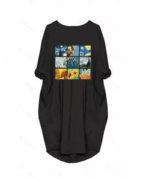 Плюс Размер Футболка с цветным принтом в виде букв, Повседневное платье с длинным рукавом и круглым вырезом на весну и осень, Женская одежда больших размеров 1XL чёрный