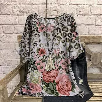 Плюс Размер Футболка Женская O-образный вырез Короткий рукав 3D Печатные футболки Цветочный узор Повседневные футболки 7XL
