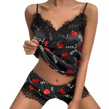 Плюс размер горошек буквенный принт пижамы женские сексуальный V-образный вырез жилет и шорты комплект повседневная домашняя одежда S чёрный