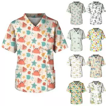 Плюс размер Хэллоуин Печатный скраб Рабочая форма Топы для мужчин Крест V-образным вырезом с коротким рукавом Забавные футболки Спецодежда Футболка с карманами L бежевый