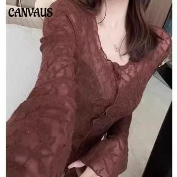 Плюс размер Хепберн Стиль Модная узкая кружевная рубашка женская осенняя тонкая блузка для уменьшения возраста Tide L кофейный