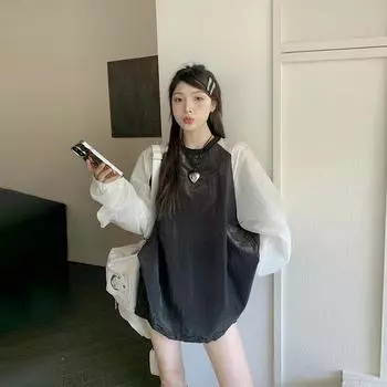 Плюс размер High Street Контрастные Лоскутные Футболки Летние Длинные Рукава Тонкие Свободные Уличные Повседневные Топы Y2K Женская Одежда L белый