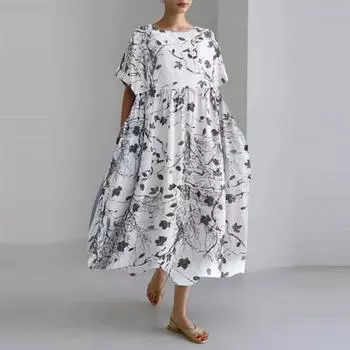 Плюс размер хлопок лен А-силуэт с цветочным принтом длинное платье летние синие пляжные платья с круглым вырезом для женщин одежда с коротким рукавом One Size белый