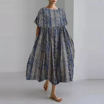 Плюс размер хлопок лен А-силуэт с цветочным принтом длинное платье летние синие пляжные платья с круглым вырезом для женщин одежда с коротким рукавом One Size белый