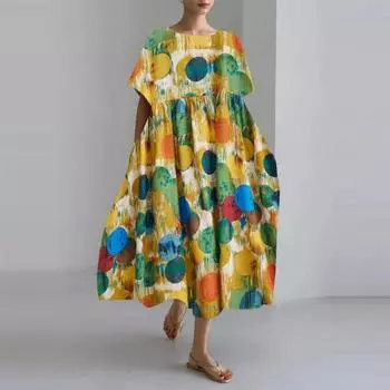 Плюс размер хлопок лен А-силуэт с цветочным принтом длинное платье летние синие пляжные платья с круглым вырезом для женщин одежда с коротким рукавом One Size белый