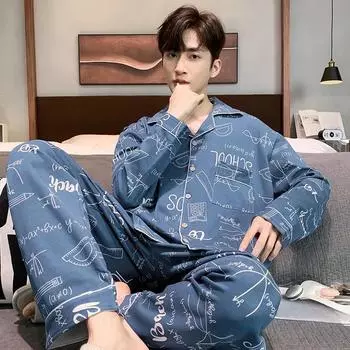 Плюс размер искусственный хлопок принт мужская пижама корейский Ins осень Y2k мужская ночная одежда XL