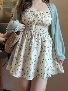 Плюс Размер Элегантное французское цветочное платье для женщин Милые платья-комбинации на подтяжках Летний сарафан большого размера Пляжное платье M