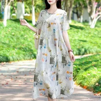 Плюс Размер Элегантное Летнее Повседневное Платье для Женщин Винтажная Одежда Короткий Рукав Свободное Длинное Платье XL