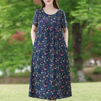 Плюс Размер Элегантные Женские Свободные Платья Летние Повседневные Длинные Платья С Коротким Рукавом Женская Винтажная Одежда XL
