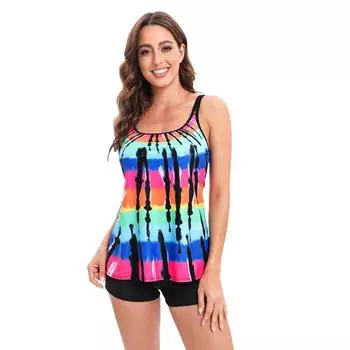 Плюс размер Юбка Консервативный боксерский принт Многоцветный купальник с открытой спиной S