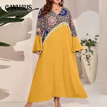 Плюс Размер Кисточки Печатный Пуловер Темперамент Пригородный Длинный Женский Платье 2XL жёлтый