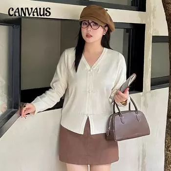 Плюс размер китайский национальный ветровой пластинчатый пуговиц топ осень и зима темперамент женский свободный вязаный свитер XL чёрный