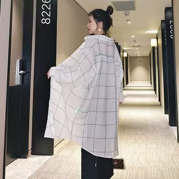 Плюс Размер Клетчатый Принт Миди Блузка Весна Лето Тонкий Отложной Воротник Свободные Топы Женская Одежда Однобортная Рубашка L белый