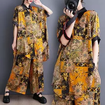 Плюс размер комплект из двух частей костюм женский шифоновый винтажный принт цветочный полосатый топ брюки женский летний костюм One Size золотой