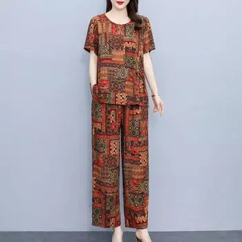 Плюс размер, комплекты с широкими брюками и высокой талией для женщин, элегантный повседневный свободный винтажный комплект с принтом, женский комплект из 2 предметов XL