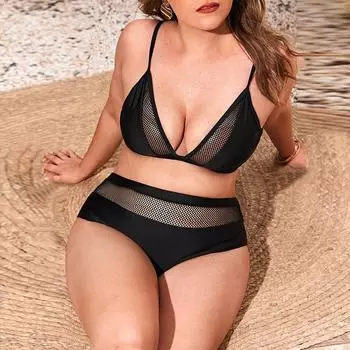 Плюс размер Контрастная сетка из двух частей Купальник Сексуальное бикини Монокини 0XL чёрный