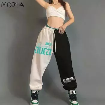 Плюс размер контрастных цветов хип-хоп свободные спортивные штаны женские с высокой талией свободные повседневные шаровары S чёрный/красный