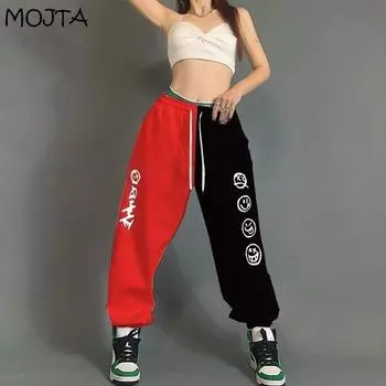 Плюс размер контрастных цветов хип-хоп свободные спортивные штаны женские с высокой талией свободные повседневные шаровары S чёрный/красный