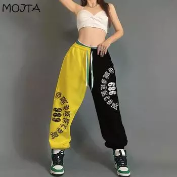 Плюс размер контрастных цветов хип-хоп свободные спортивные штаны женские с высокой талией свободные повседневные шаровары S чёрный/красный