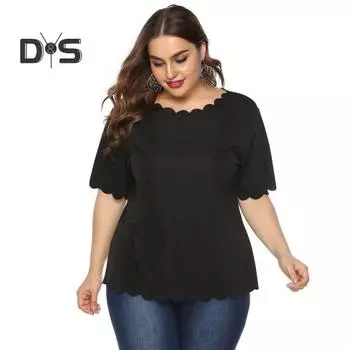 Плюс Размер Короткий рукав Топ для женщин Свободная футболка с круглым вырезом Летняя повседневная блузка с волнистым подолом для домашнего отпуска L красный