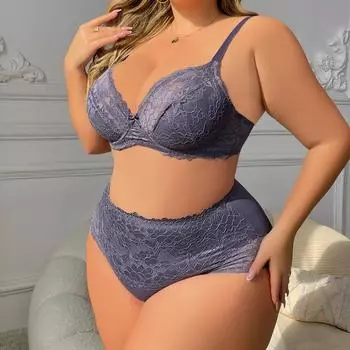 Плюс размер кружевной бюстгальтер и трусики с цветочным принтом для женщин, комфортные комплекты простого нижнего белья на косточках, бюстгальтер и трусики без подкладки 105E фиолетовый